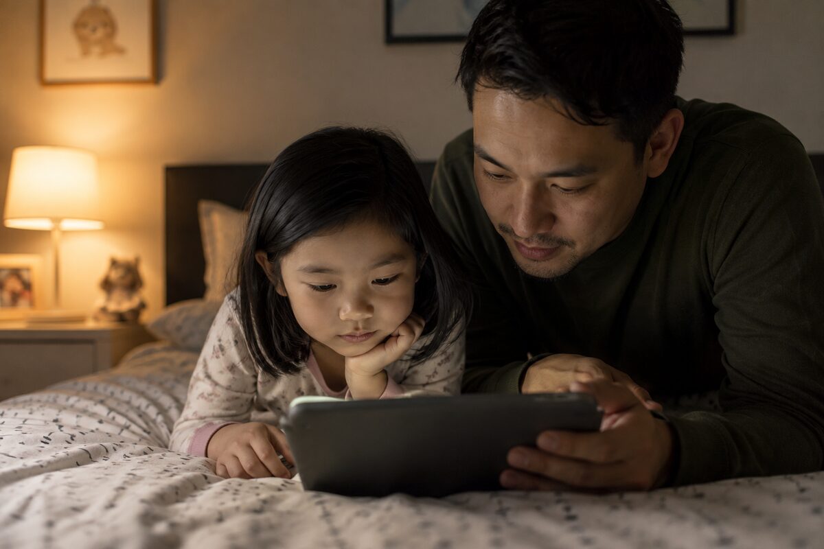 A father and young daughter looking at a tablet together in bed at night.
