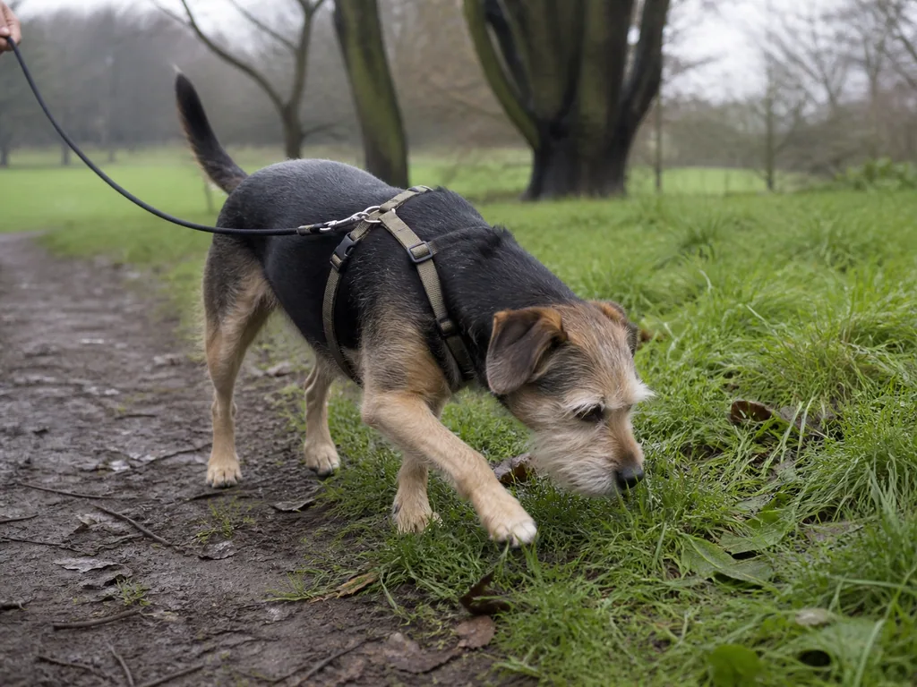 A happy dog wagging its tail outdoors.