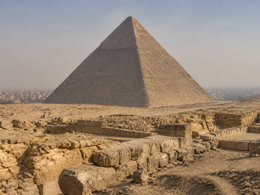 The ancient pyramids rising above the desert at Giza.