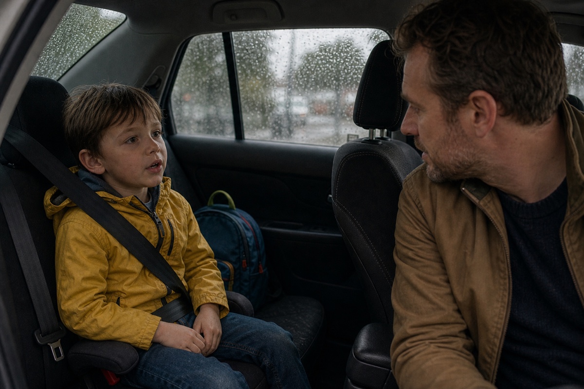 A parent listens as a young child asks a question during a rainy school pickup.