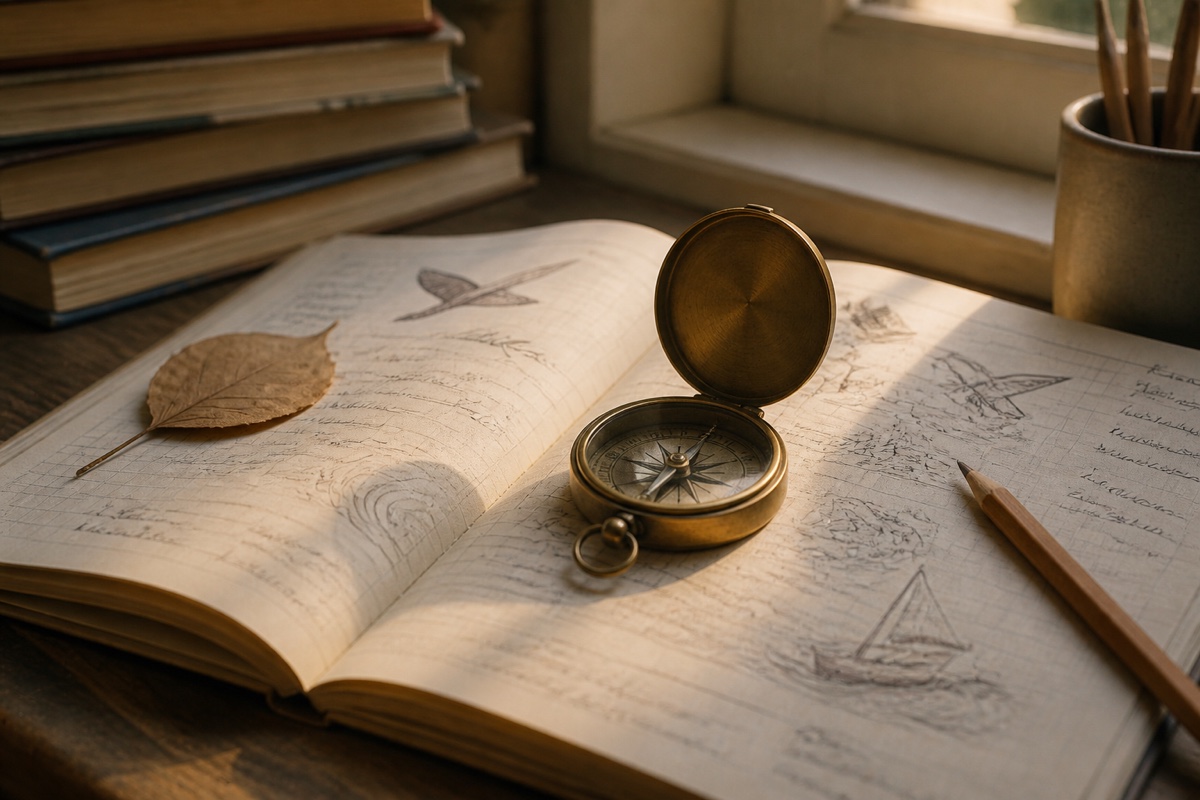 A vintage brass compass resting on an open notebook filled with sketches.