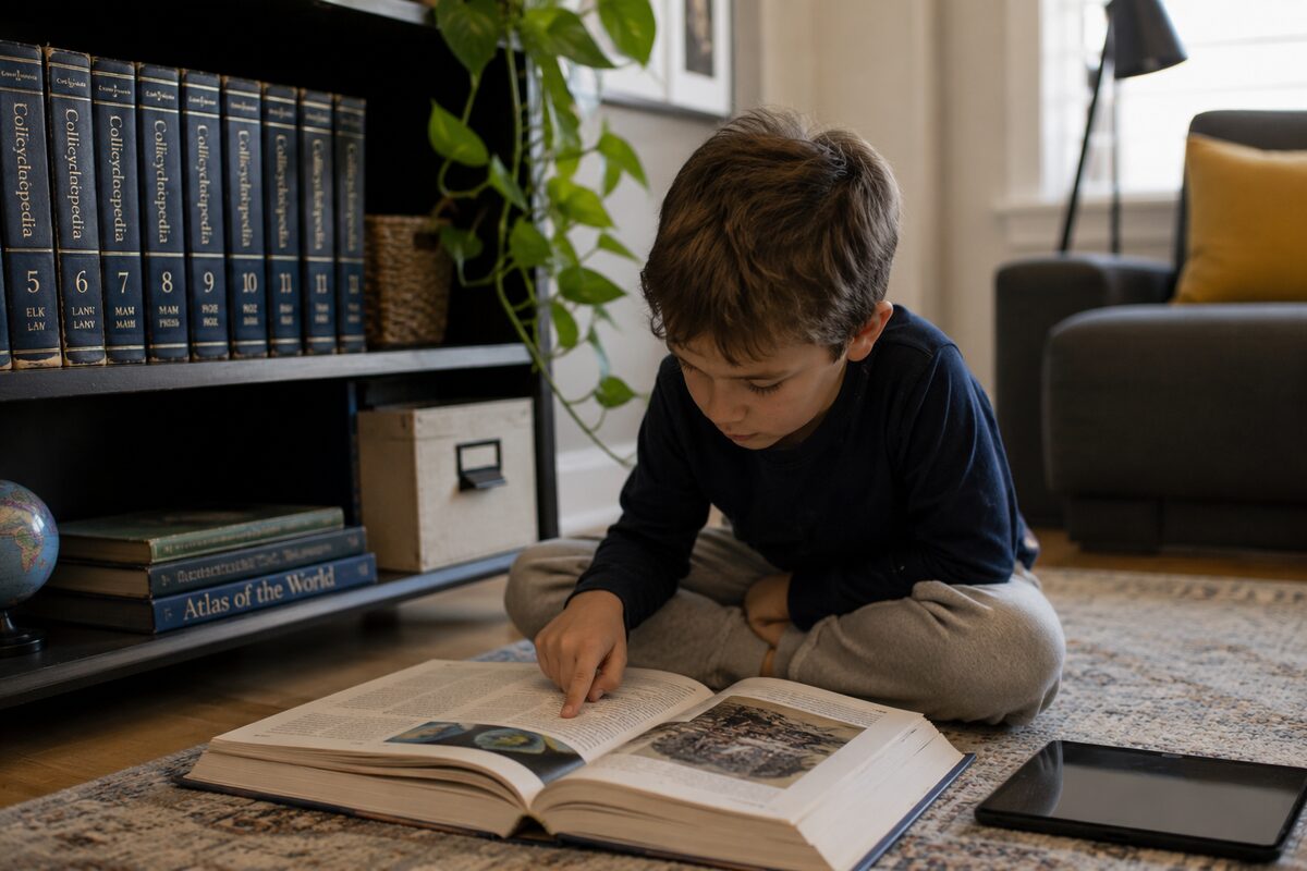 A young boy reading a print encyclopedia on the floor next to a tablet.