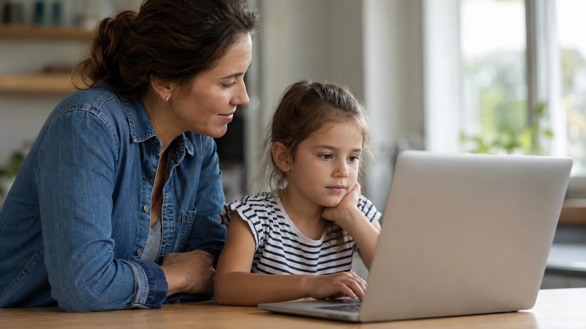 A mother and young son looking closely at a laptop screen together.
