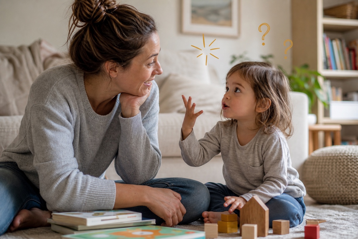 A curious toddler asks a question while a parent listens during playtime.