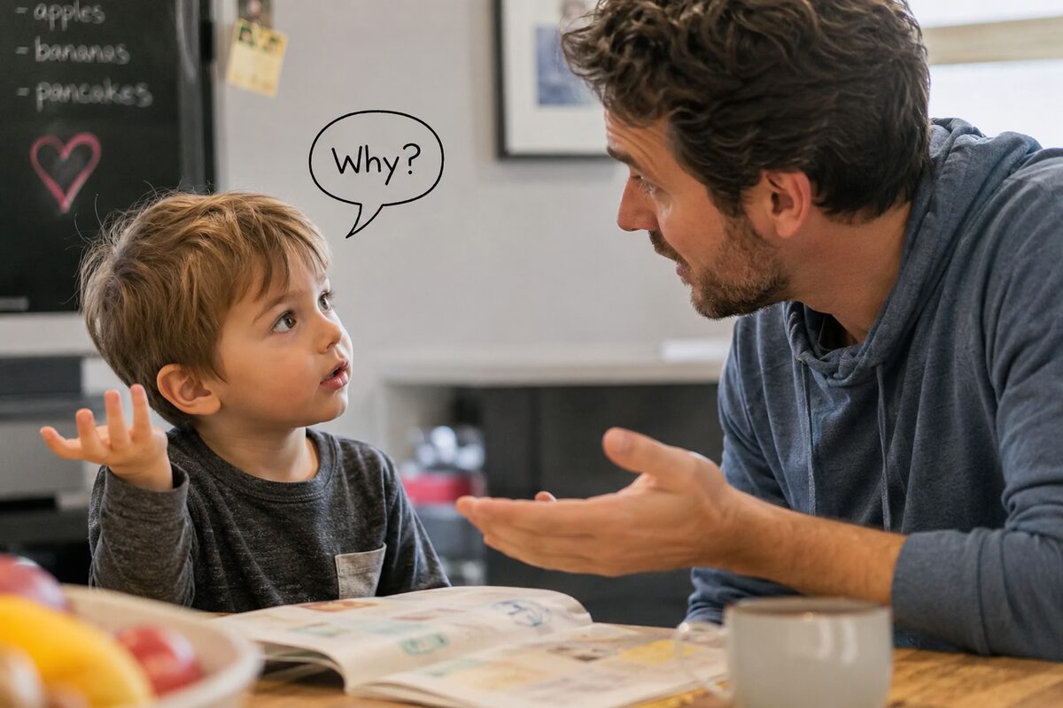A dad and young son talking at the breakfast table, with a hand-drawn 'Why?' speech bubble above the boy.