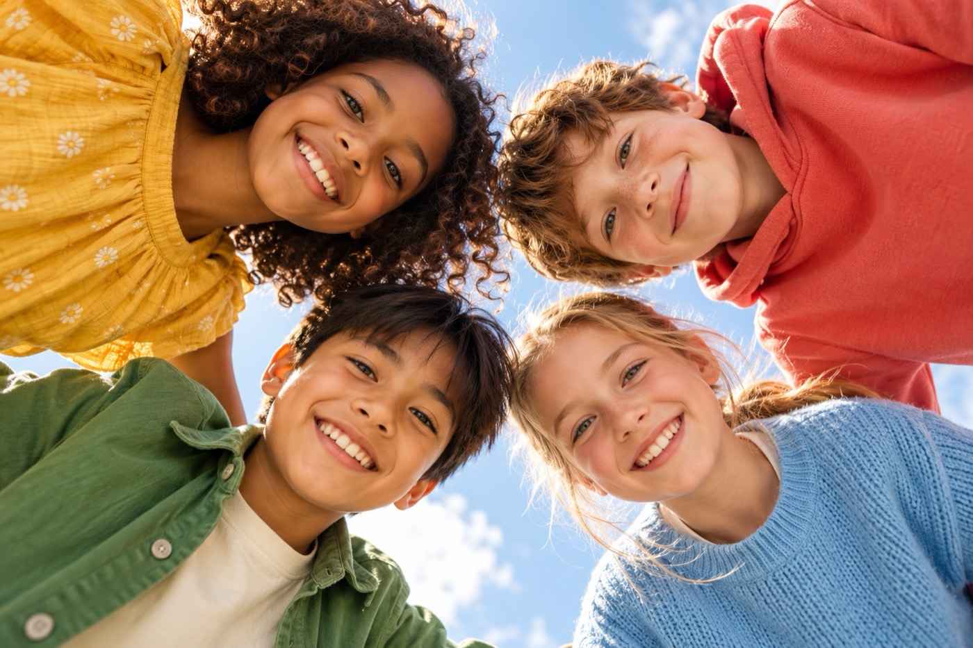 Four children looking down toward the camera with bright, curious smiles