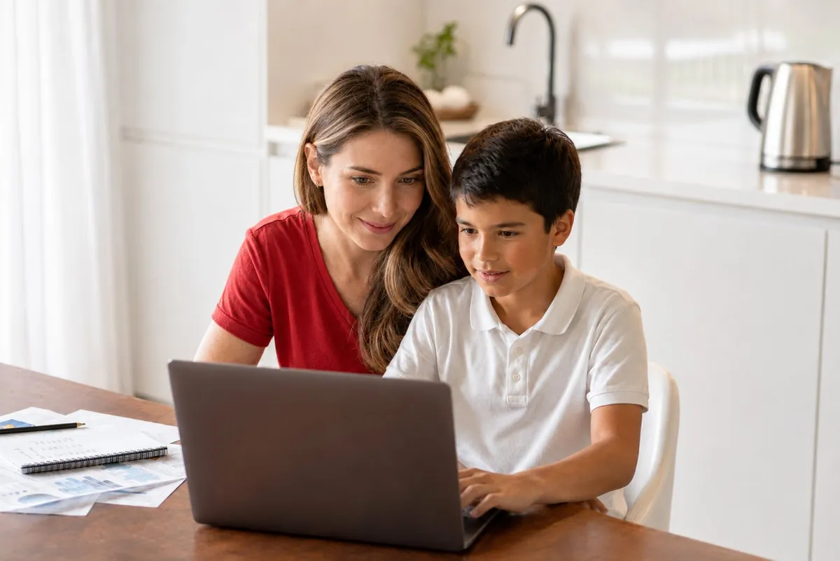 A parent and child at the kitchen table, looking at a laptop together