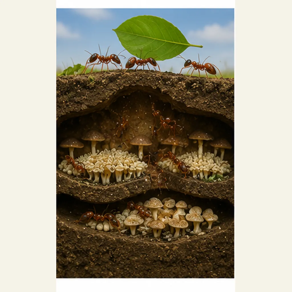 Illustration of leafcutter ants grow food underground for the question "How do leafcutter ants grow food underground?"