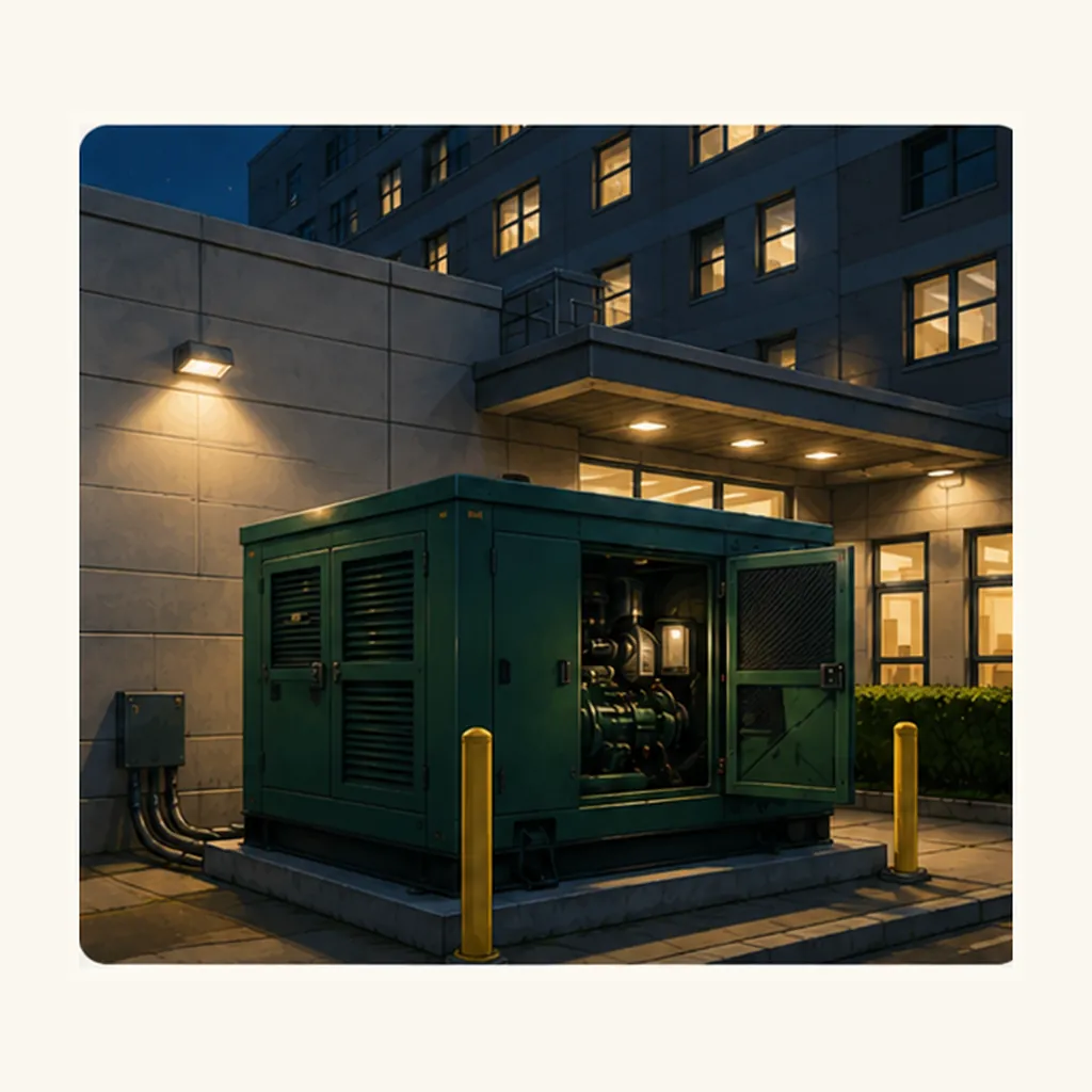 Illustration of hospitals have backup generators for the question "Why do hospitals have backup generators?"