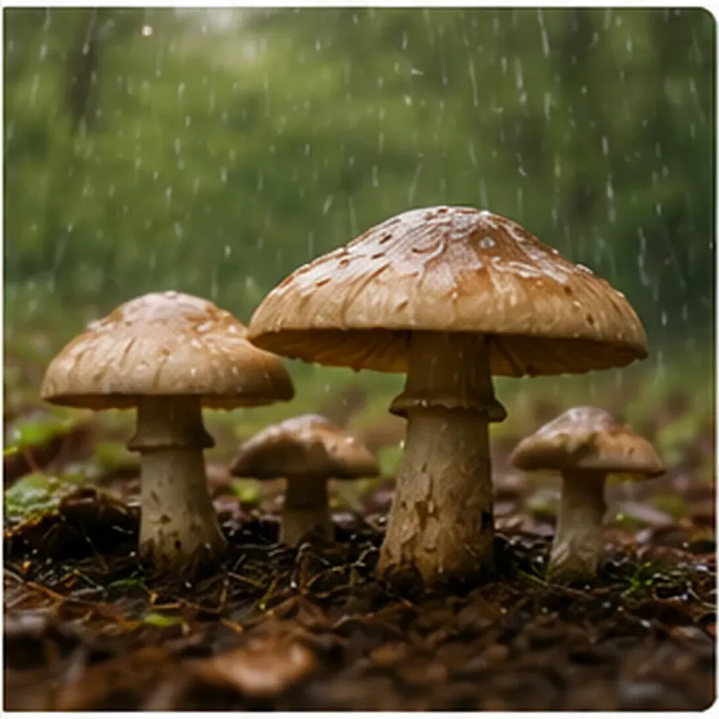 Illustration of mushrooms pop up after rain for the question "Why do mushrooms pop up after rain?"