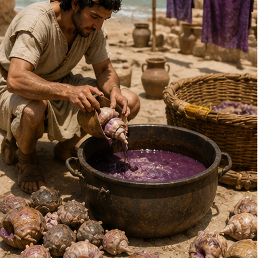 Illustration of people make purple dye from sea snails for the question "How did people make purple dye from sea snails?"