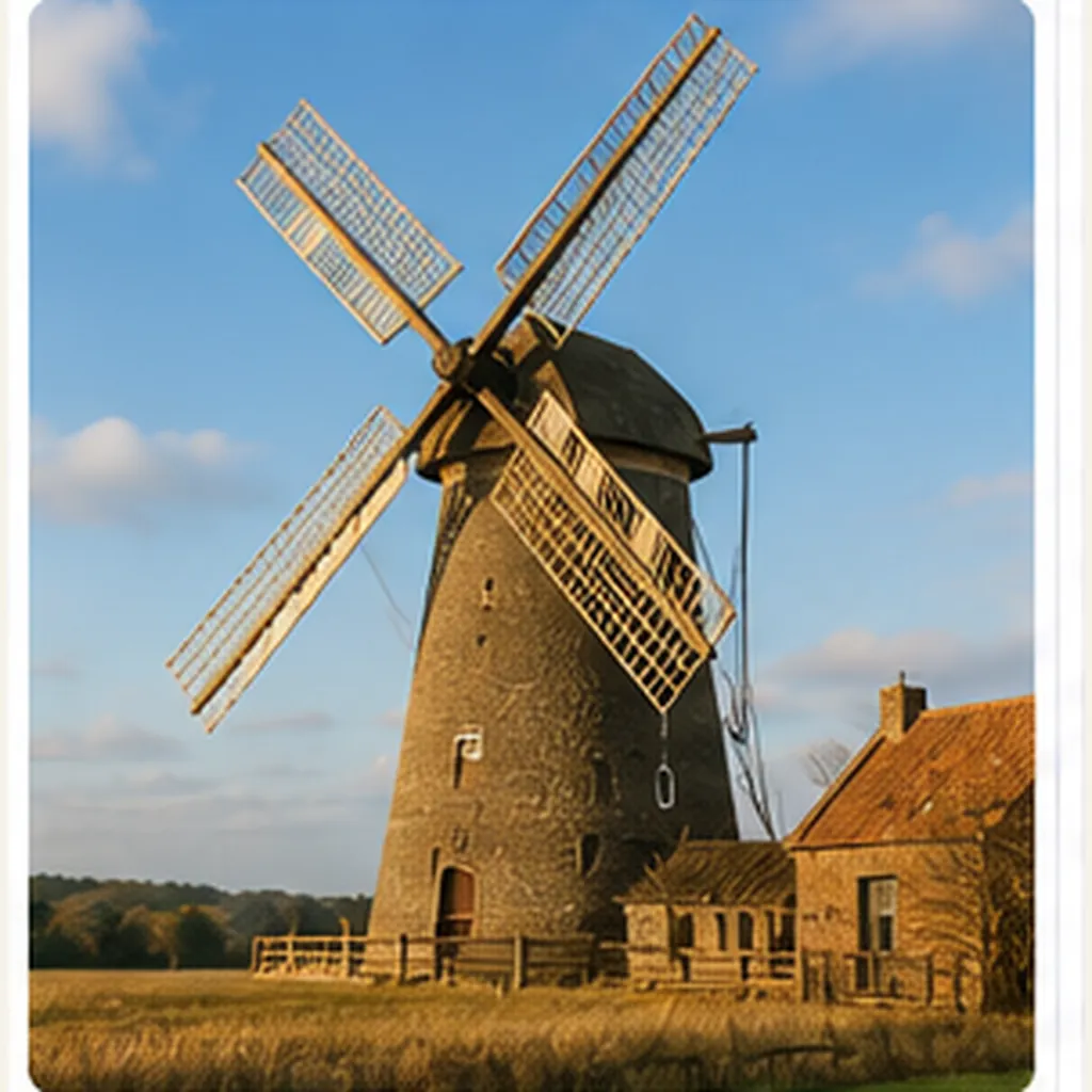 Illustration of windmills grind grain for the question "How did windmills grind grain?"