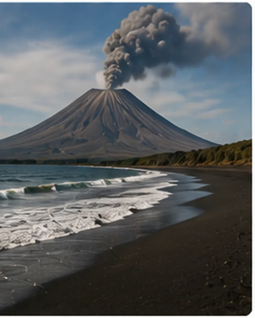Illustration of volcanoes make black sand for the question "Why do volcanoes make black sand?"