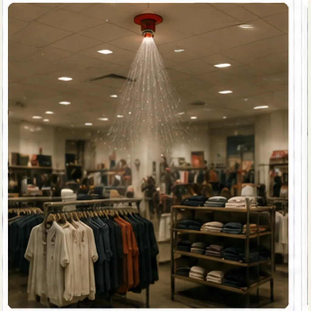 Illustration of shops use automatic sprinklers in ceilings for the question "Why do shops use automatic sprinklers in ceilings?"
