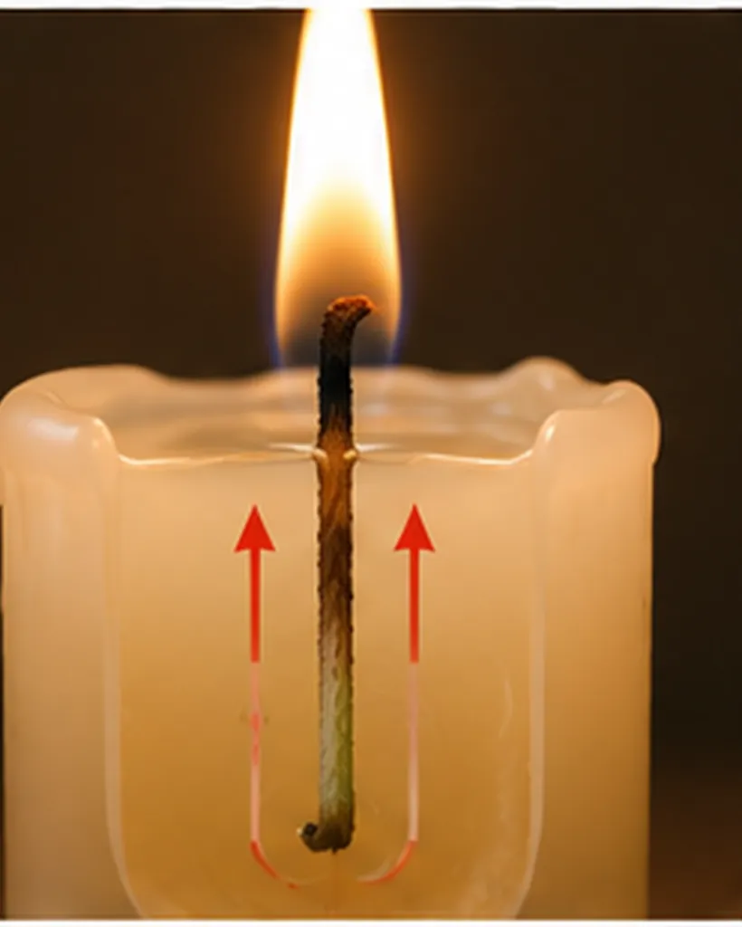 Illustration of a candle wick pull wax upward for the question "How does a candle wick pull wax upward?"