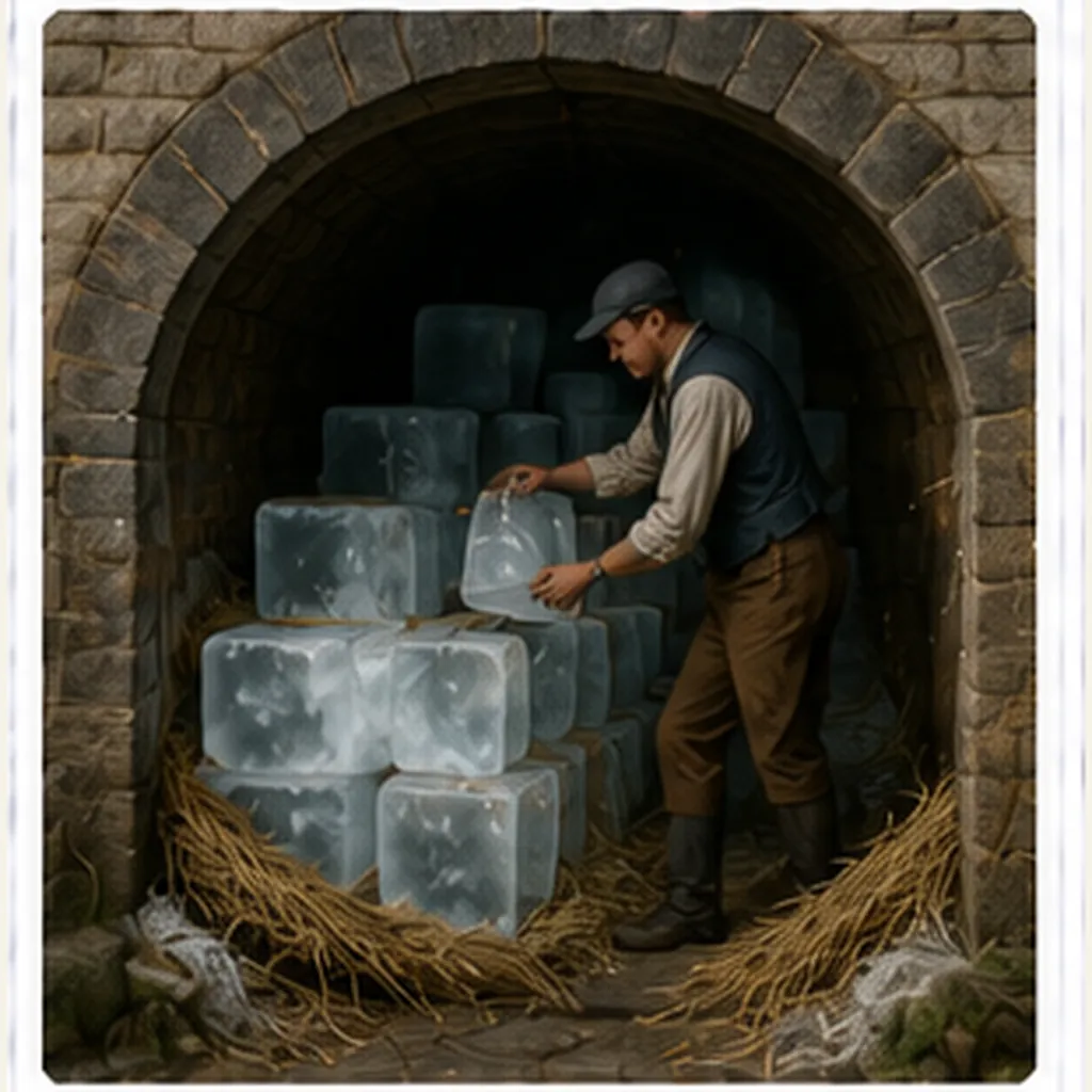 Illustration of people keep ice before freezers for the question "How did people keep ice before freezers?"