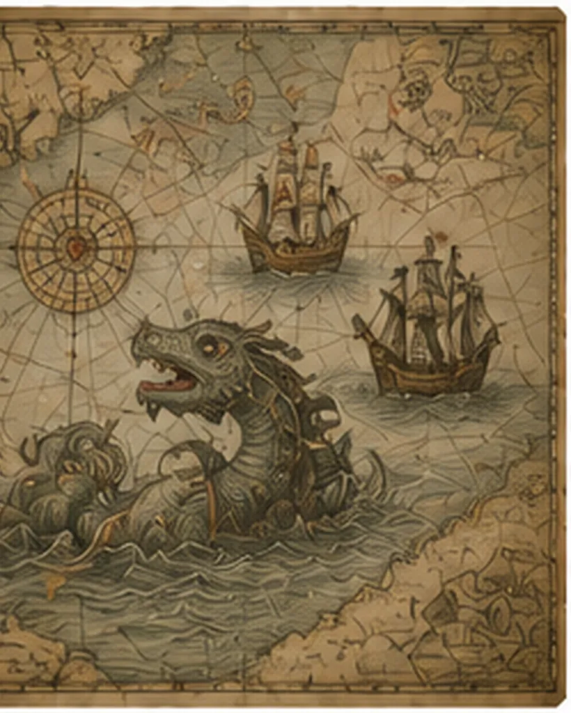 Illustration of old maps have sea monsters for the question "Why did old maps have sea monsters?"
