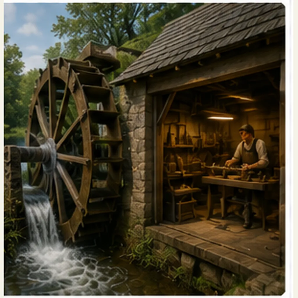Illustration of waterwheels power workshops for the question "How did waterwheels power workshops?"