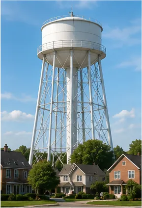 Illustration of water towers push water into houses for the question "How do water towers push water into houses?"