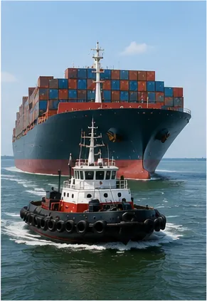 Illustration of a tugboat steer a ship hundreds of times bigger for the question "How can a tugboat steer a ship hundreds of times bigger?"