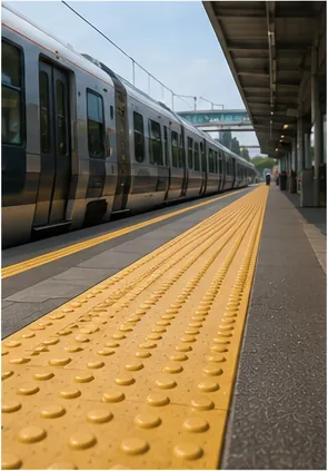 Illustration of train platforms have bumpy tiles near the edge for the question "Why do train platforms have bumpy tiles near the edge?"
