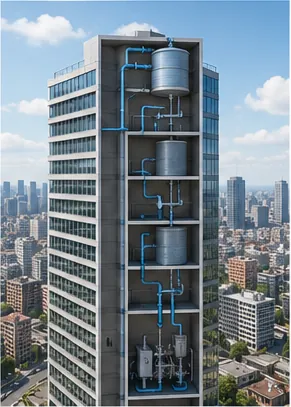 Illustration of water reach the top floor of a skyscraper for the question "How does water reach the top floor of a skyscraper?"