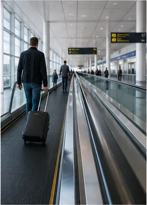 Illustration of airports have moving walkways for the question "Why do airports have moving walkways?"
