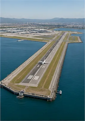 Illustration of some airport runways built over water for the question "Why are some airport runways built over water?"