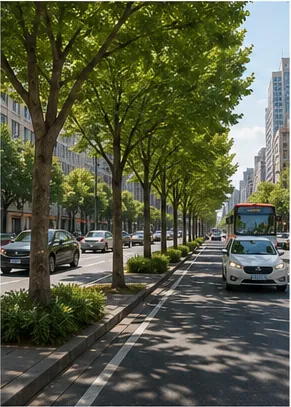 Illustration of cities plant trees along busy roads for the question "Why do cities plant trees along busy roads?"