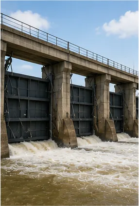 Illustration of floodgates hold back rising water for the question "How do floodgates hold back rising water?"