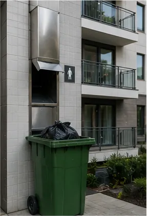 Illustration of apartment buildings move rubbish from high floors for the question "How do apartment buildings move rubbish from high floors?"