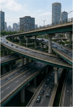 Illustration of some cities build roads underneath other roads for the question "Why do some cities build roads underneath other roads?"