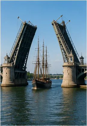Illustration of bridges open to let tall ships pass for the question "How do bridges open to let tall ships pass?"