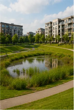 Illustration of cities build ponds that are meant to fill during storms for the question "Why do cities build ponds that are meant to fill during storms?"