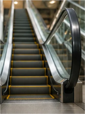 Illustration of an escalator handrail move at the same speed as the steps for the question "Why does an escalator handrail move at the same speed as the steps?"