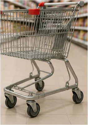 Illustration of a shopping trolley have wheels that swivel for the question "Why does a shopping trolley have wheels that swivel?"