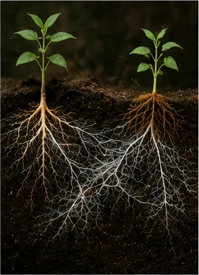 Illustration of fungi connect the roots of different plants for the question "How do fungi connect the roots of different plants?"