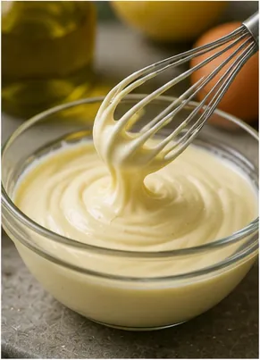 Illustration of mayonnaise stay mixed when oil and water usually separate for the question "How does mayonnaise stay mixed when oil and water usually separate?"