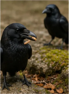 Illustration of ravens hide food when another raven is watching for the question "Why do ravens hide food when another raven is watching?"