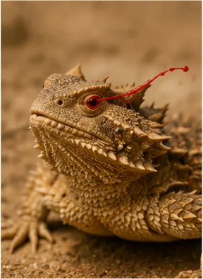 Illustration of horned lizards squirt blood from their eyes for the question "Why do horned lizards squirt blood from their eyes?"