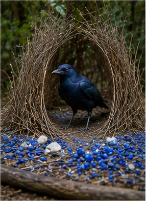 Illustration of bowerbirds decorate little stages for the question "Why do bowerbirds decorate little stages?"