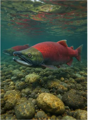Illustration of salmon change before swimming upstream for the question "How do salmon change before swimming upstream?"
