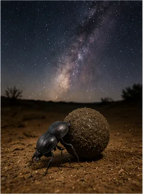 Illustration of dung beetles use the milky way to travel straight for the question "How do dung beetles use the Milky Way to travel straight?"