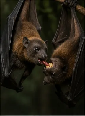 Illustration of vampire bats share food with hungry bats for the question "Why do vampire bats share food with hungry bats?"