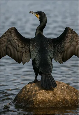 Illustration of cormorants stand with their wings spread wide for the question "Why do cormorants stand with their wings spread wide?"