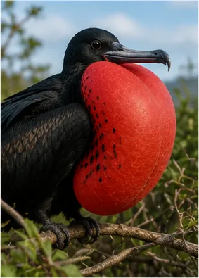 Illustration of male frigatebirds inflate red throat balloons for the question "Why do male frigatebirds inflate red throat balloons?"