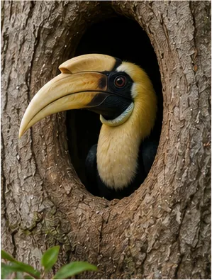 Illustration of a female hornbill seal herself inside a tree hole for the question "Why does a female hornbill seal herself inside a tree hole?"