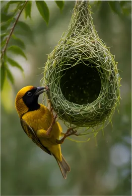 Illustration of weaverbirds knot grass into hanging nests for the question "How do weaverbirds knot grass into hanging nests?"