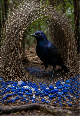 Illustration of bowerbirds collect objects of certain colours for the question "Why do bowerbirds collect objects of certain colours?"