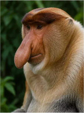 Illustration of male proboscis monkeys have enormous noses for the question "Why do male proboscis monkeys have enormous noses?"
